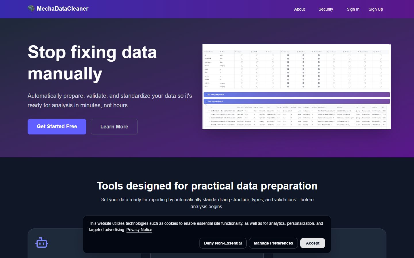Mecha Data Cleaner website preview